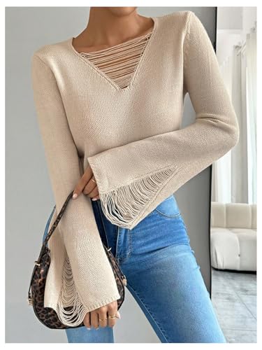 MakeMeChic Women's Long Sleeve Ripped Sweater Solid V Neck Crop Pullover Top4