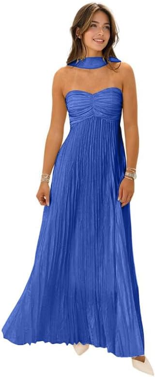 Womens Chiffon Bridesmaid Dresses with Scarf Long Strapless Prom Dresses 2025 Pleated Wedding Guest Dress B21