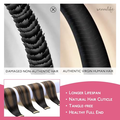 Image of WENNALIFE Tape in Hair Extensions Human Hair Balayage Dark Brown Mixed Chestnut Brown Tape in Extensions, 10pcs 30g 24 inch Remy Invisible Tape Ins Straight Soft Real Human Hair Tape in Extensions