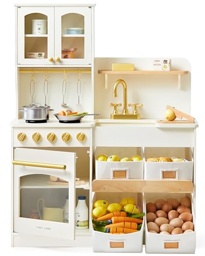 Image of Tiny Land Play Kitchen for Kids with Enhanced Storage – Modern Toddler Kitchen Playset with Stove, Sink & Accessories, Organized Wooden Toy Kitchen, Ideal for Toddlers