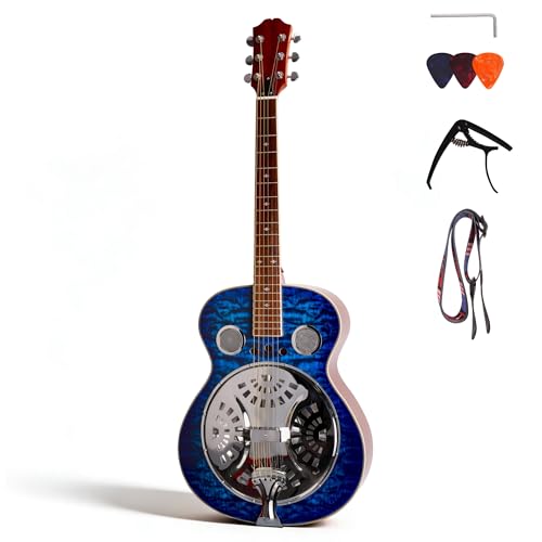 Acoustic Resonator Guitar Beginner Guitar Kit Country Bluegrass Folk Blues Spruce Top Includes Strap Capo Picks and Wrench Full Size 40 Inch Steel String Right Handed Guitar (Cloud Blue)