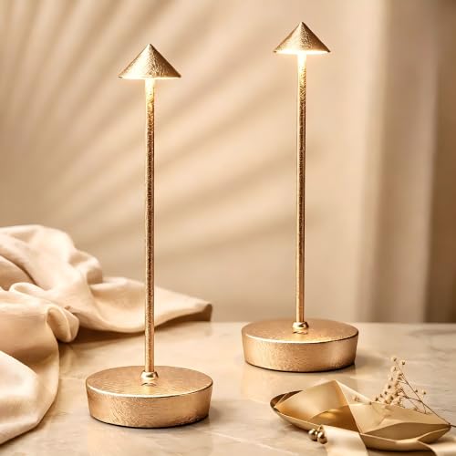 2P Cordless Rechargeable Led Table Lamp Battery Operated Light CHMP Gold | Ice Crackle Finish Champagne Gold Touch 3 Color Dimming Portable Metal Outdoor Waterproof Light for Patio/Restaurant/Dining