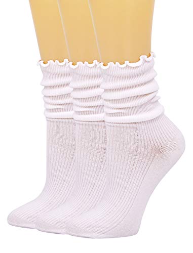 SEMOHOLLI Women Ankle Socks, Ruffle Turn-Cuff Lovely double needle solid color edge relent Girl Socks (3 Pairs-white)
