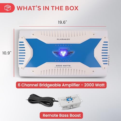 Pyle 6 Channel Marine Amplifier Receiver - Waterproof Wireless Bridgeable Audio Amp for Stereo Speaker with 2000 Watt Power Dual MOSFET Supply, GAIN Level, RCA Inputs and LED Indicator - PLMRA620