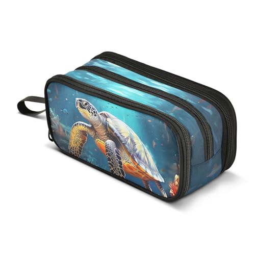 Image of ZAZYXTJ Turtle Large Capacity Pencil Case 3 Compartment Pen Pouch Storage Canvas Makeup Bag for School Office Teen Girl Boy Men Women