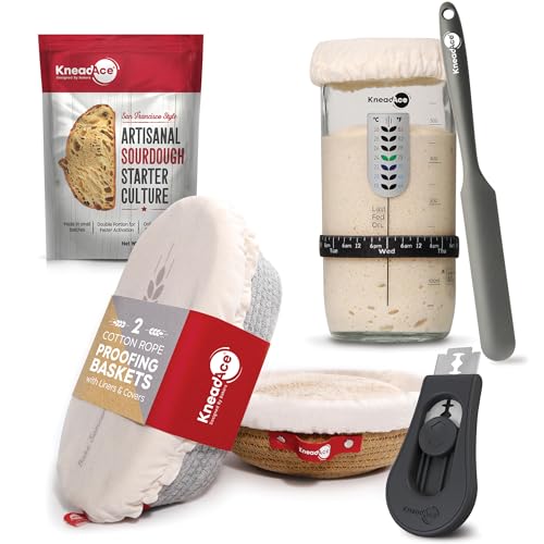 Image of KneadAce Complete Sourdough Bread Baking Kit - 24oz Starter Jar, Cotton Rope Proofing Baskets, Magnetic Bread Lame, and Fast-Activation Sourdough Starter Culture for Perfect Artisan Loaves