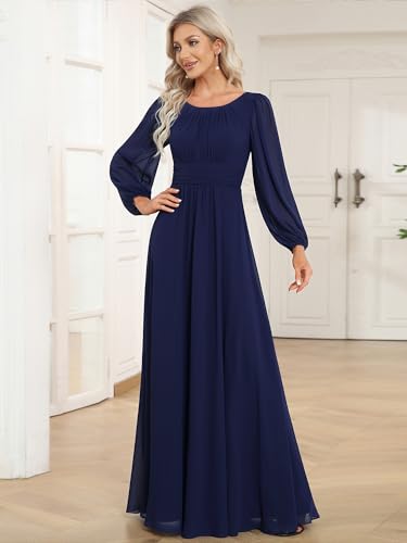 Image of Ever-Pretty Women's Crewneck Long Lantern Sleeves Floor Length A-Line Pleated Chiffon Formal Dress 0106B