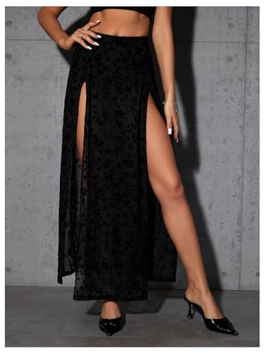 Verdusa Women's Double Split Floral Mesh High Waist Flowy Maxi Long Skirt with Short3