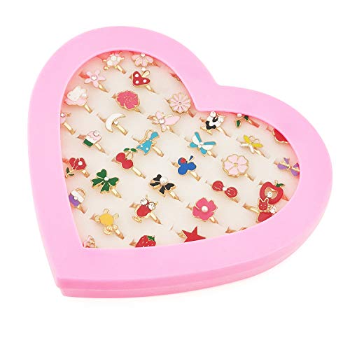 Sunmall 36 Pcs Little Girl Adjustable Rings In Box, No Duplication, Children Kids Jewelry Rings Set With Heart Shape Display Case, Girl Pretend Play And Dress Up Rings For Kids (A) #TOP1