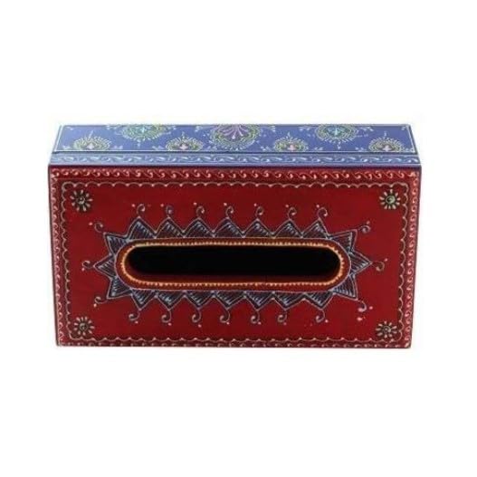 Image of Hand Painted Wooden Tissue Box, 24cm x 14cm x 8cm Height, Multicolored, for Dining or Washroom