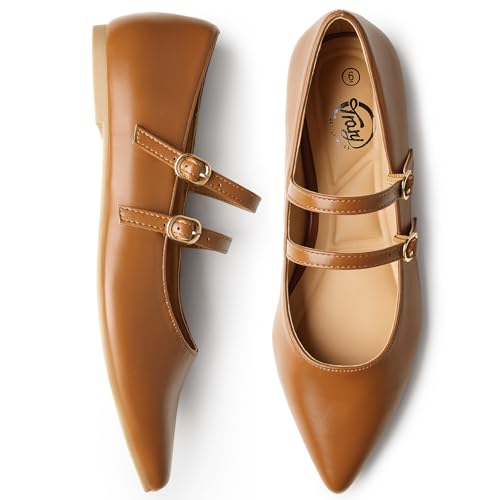 Image of Trary Flats for Women Mary Jane Shoes Women Closed Pointed Toe Ballet Flats Comfortable Slip on Dressy Adjustable Strap Cute Walking Office PU Leather Mary Janes Flat Shoes
