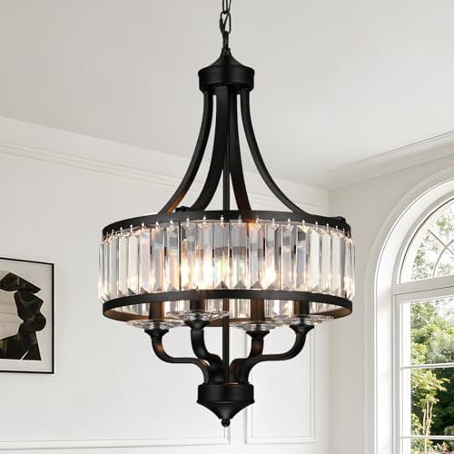 4-Light Black Crystal Chandelier, 16" Farmhouse Dining Room Light Fixture by cancomzone - Used condition - US$98.10