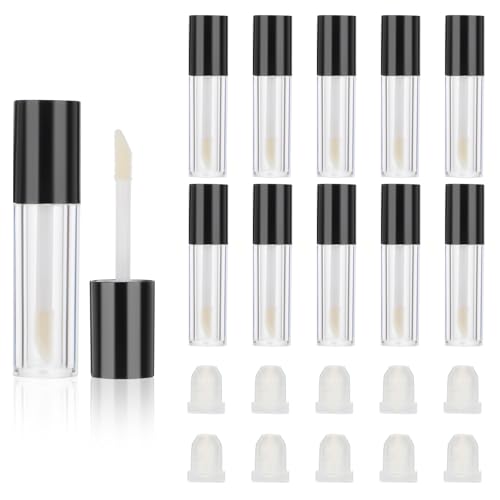 Molain 10pcs Empty Lip Gloss Tubes, 2.5ml Mini Refillable Cosmetic Containers Bottles Lip Balm Bottles for Lipstick Samples, Lip Balms(Black tube cap)