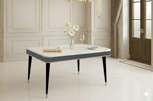 Image of Swiss Modern Dining White Marble Top Table Set with Sheesham Wood Legs, 6 Seater with Upholstered Chairs (71x36x30 Inches) (Black)