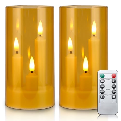 Image of Enido Gold 2 Pc 3-in-1 Taper Flameless LED Candles with Remote, Battery Operated Acrylic Pillar Set, 3 inch x 6 inch Flickering Electric Lights for Cozy Home & Holiday Romantic Decor