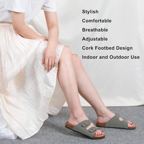 Image of Women's Comfy Arch Support Cork Footbed Adjustable Knitting Straps Indoor and Outdoor Slides Sandals
