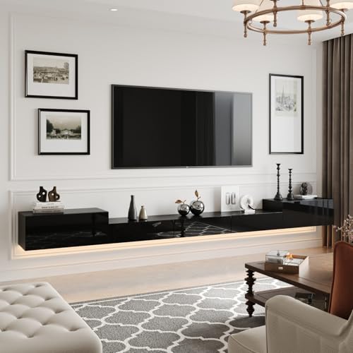 MOUMON Floating TV Console Media Console with High Gloss Drawers & Lights, Modern Wall Mounted TV Stand Floating Media Center for Living Room Black (110.2”W x 11.8”D x 9.4”H)