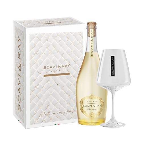 SCAVI & RAY Geschenkset – Moscato Frizzante mit Designglas – 0,75L, 8,5% Vol. Alkohol, Leichter Perlwein mit fruchtiger Süße – Edles Präsent für stilvolle Anlässe