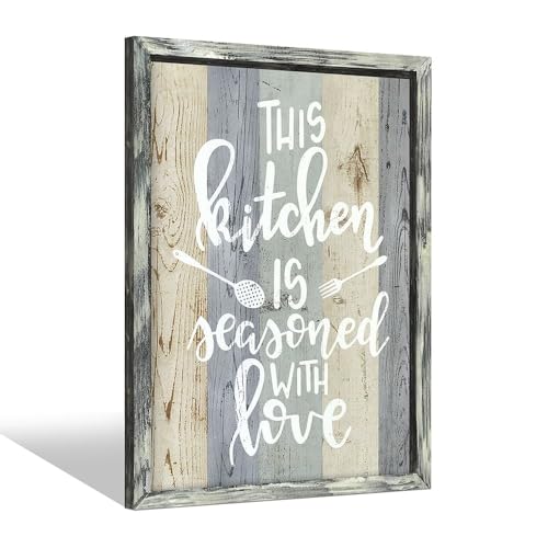 Inspirational Quotes Wooden Wall Art: Framed This Kitchen is Seasoned with Love Picture Rustic Farmhouse Cooking Painting Print Funny Saying Artwork Decor for Dinning Room Kitchen 11”x16”