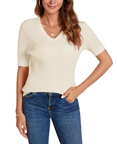 Image of Women Summer Knit Shirt Blouse V Neck Short Sleeve Pullover Sweater Tops