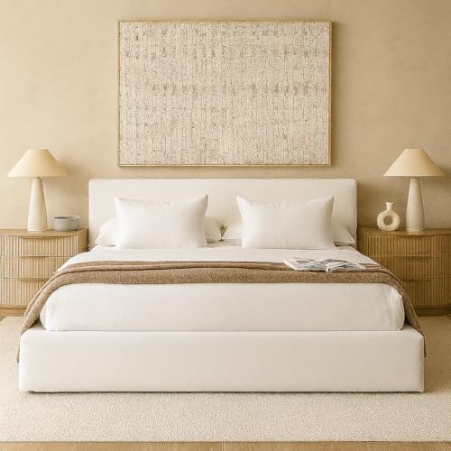 Cloud Bed Washable Unzippable Upholstered Soft Foam - RH- Square Frames- White Linen, Beige, Taupe, Black, Gray, Brown, Cream Boucle- 9 inch Box Spring-King-Queen (White Linen, King Headboard)