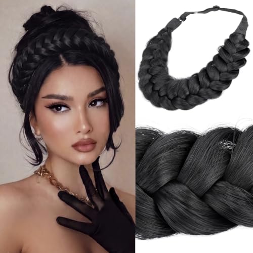 BOBIYA Messy Wide 2 Strands Synthetic Hair Black Braided Headband Classic Black Braid Headbands for Women