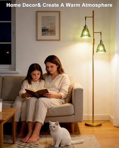 Image of 2-Light Modern Glass Floor Lamp, Gold Standing Tall Lamp with Green Shell Glass Shade, Dimmable LED Floor Lamp with 5Lbs Heavy Base for Living Room Bedroom Home Decor, Bulb Included