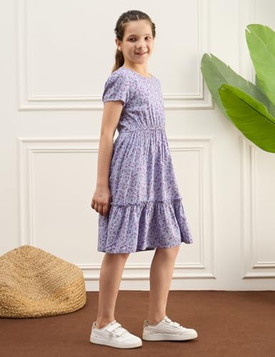 Image of Amazon Brand - Symbol Girl's Rayon Fit and Flare Kids Knee Length Printed Casual Dress (KD-DRG-SS25-123 Orange + Lavender 6-8 Years)