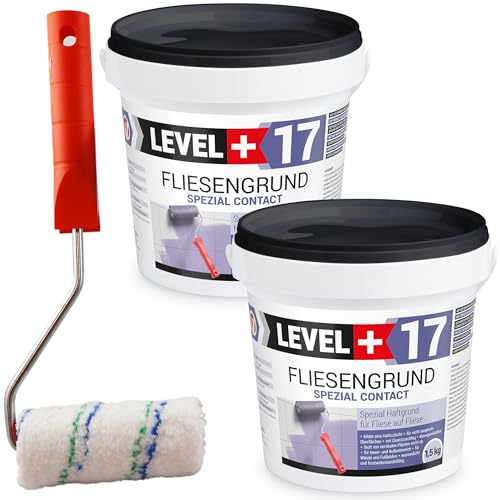 LEVEL PLUS 17 Fliesengrund 3 kg Fliese auf Fliese Spezial Haftgrund Fliesengrundierung Quarzgrund für Innen Außen, Haftvermittler Frostbeständig und wasserabweisend Plus Farbroller 10cm Set