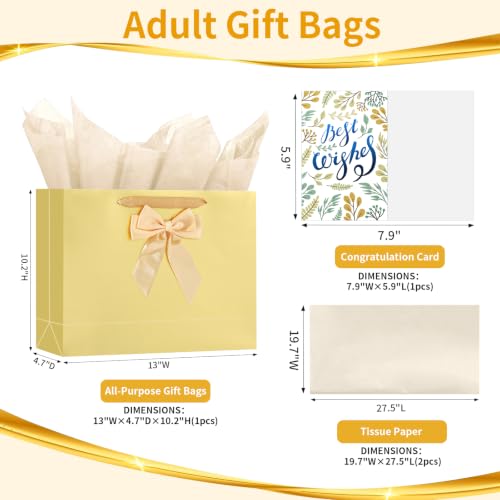 Image of Powbrace 13 inch Gold Bags with Handles, Birthday Gift Bag Set - 1 Gift Bag with Bow, 2 Tissues & Greeting Card for Men Women,Gift Bags Medium size(1 PCS Gold Glossy)
