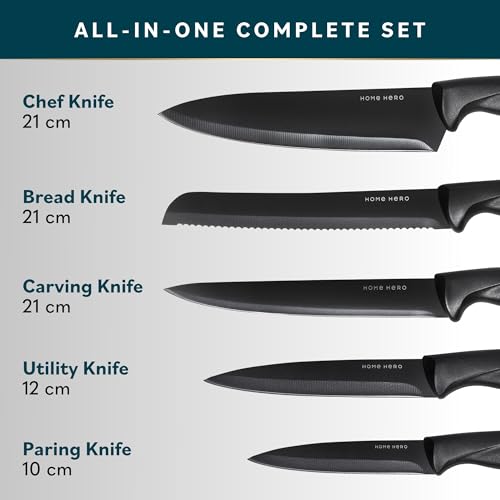 Home Hero Ultra-Sharp Stainless Steel Kitchen Knife Set - Chef Knives Set (7 pcs Set - Black with Knife Block)