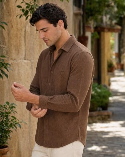 Image of Nobero Textured Popcorn Shirt for Men | Cotton Shirts for Men in 280 GSM Popcorn Knit | Stand Collar | Regular Fit | Full Sleeve