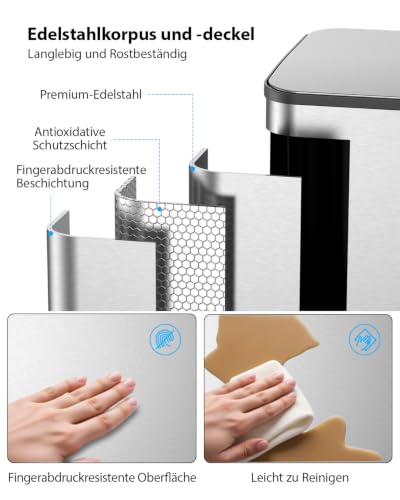 lovewind Mülleimer Küche 80L, 2 x 40L Mülltrennsystem mit 2 Fächern, Edelstahl Tretmülleimer mit Soft-Close Deckel… – Ansicht 4