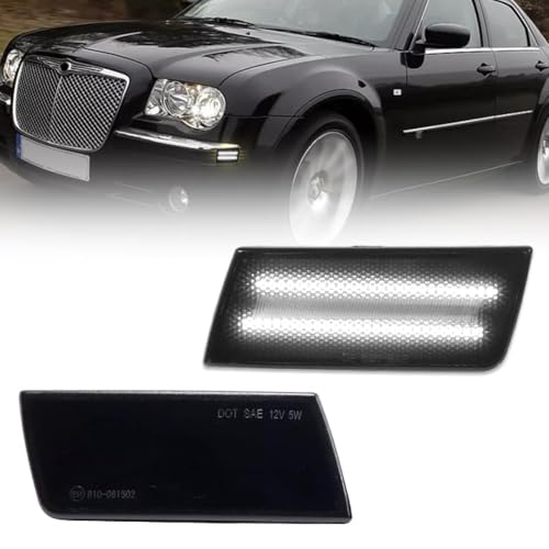 VANKUB 2 PCS, Front LED Side Marker Lights for Chrysler 300 300C 2005-2014, 300 Smoked Lens Side Bumper Marker Lights, Chrysler White LED Turn Signal Lamps
