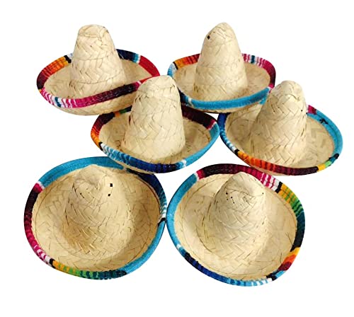 Pack of 6 Small Zapata Straw Sombrero Hat - 6.5 inches Decorated Hats for Cinco de Mayo Party