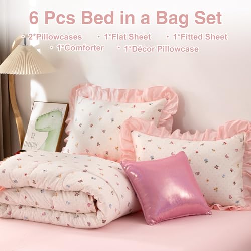 Image of A Nice Night Ruffle 6 Pcs Bed in a Bag Comforter Set,Creamy Background with Bow, Mushroom, Cherry & Butterfly Pattern - Colorful Wonderland Design Bedding Sets,Twin