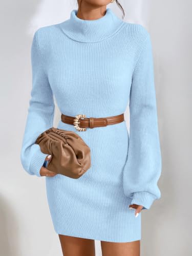 Image of Turtleneck Sweater Dress for Women Lantern Sleeve Mini Bodycon Ribbed Knit Sweater Pullover Short Dresses XS-XXL