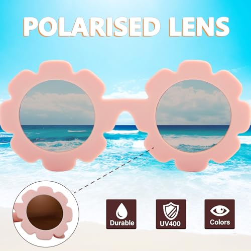LOJUDI Sonnenbrille Baby Polarisierte mit Riemen Verstellbar Blume Silikonrahmen Baby Sonnenbrille UV400 Schutz für 0-24 Monate-Rosa/Braun
