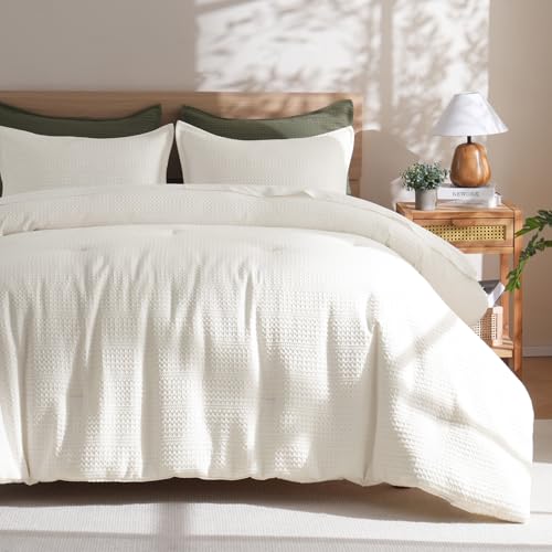 PHF 3 Pieces Cream Waffle Weave Comforter Set King Size - Ultra Soft Textured Waffle Comforter with 2 Pillow Shams, Lightweight Breathable Comfy Bedding Set for All Season, Cream