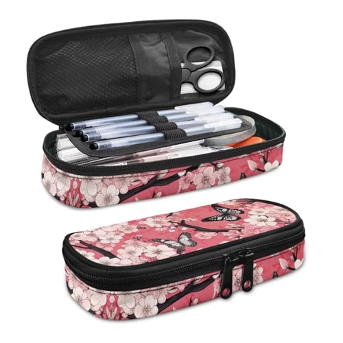Image of Black Gray Butterflies Peach Blossom Pen Case Pouch, Large Capacity Pencil Pouch Pen Cases School Office Supplies Holder Box for Purse Fountain Pens