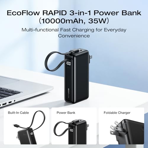 EF ECOFLOW Rapid 3-in-1 Portable Charger, 10,000mAh Power Bank with Built-in USB-C Cable and Foldable Wall Plug, 30W Max Battery Pack, Travel Essentials for iPhone 17/16/15 Series, Galaxy, MacBook - image 2