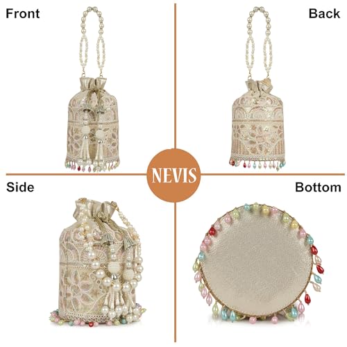 Image of Nevis Silk Fabric Embroidered Potli Bag with Pearl Beaded Handle | Designe Ethnic Drawstring Clutch for Wedding, Festive