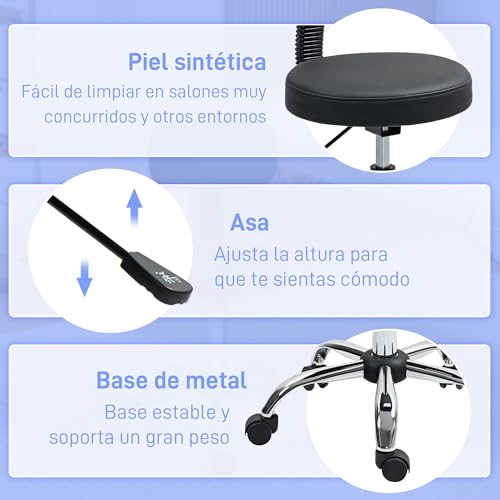 Miniatura 7 de Homcom Taburete Con Ruedas Giratorio, Taburete De Trabajo Con Respaldo Desmontable, Altura Regulable, Tapizado En Cuero Sintético, Para Oficina, Dormitorio, Negro
