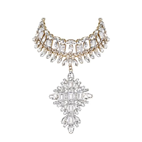 Flyonce Costume Statement Bib Necklace, Sparkly Rhinestone Crystal Vintage Art Deco Chunky Choker Necklace for Women