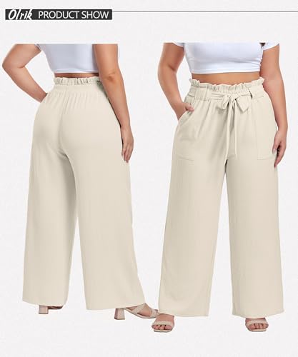 Image of OLRIK Women's Plus Size Pants Adjustable High Waisted Wide Leg Palazzo Pants Casual Trousers with Pockets Spring Clothes