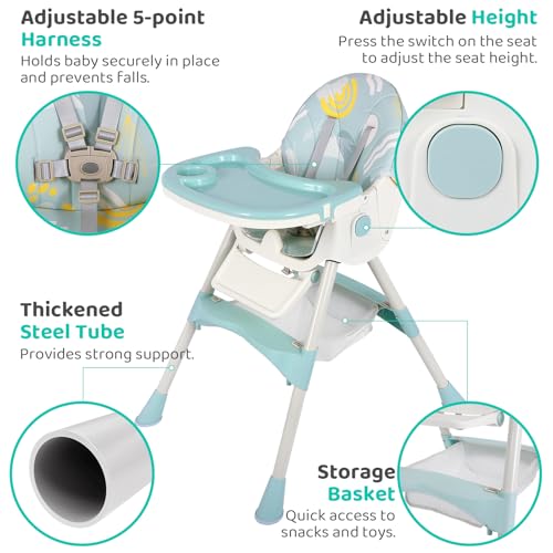 Image of 3 in 1 Baby High Chair, Adjustable 5 Point Harness, Tray, Foot Rest, Backrest and Seat Height,Multifunctional Foldable Portable highchair for Toddlers