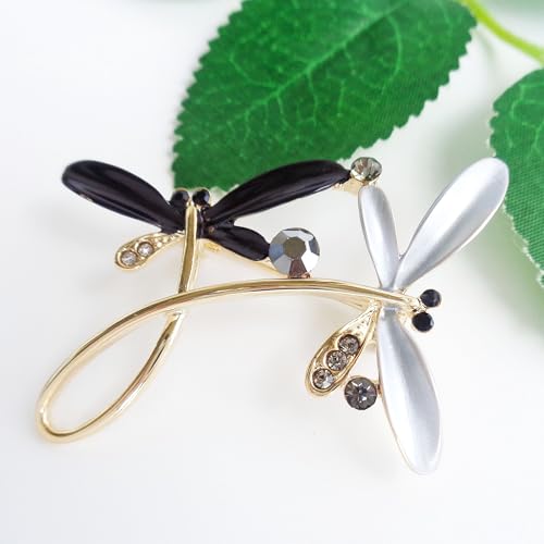 Image of Navachi 18k Gold Plated Multicolor Enamel White Crystal Double Dragonfly Wings Brooch Pins