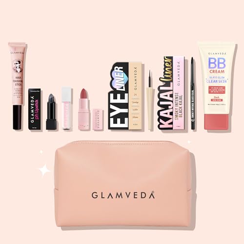 Glamveda Festive Glam Gift Set of 7 | Makeup Kit With Kajal, Eyeliner, BB Cream Dark Tone, Ph Lipstick, Lip Gloss, Bullet Lipstick, Hair Finishing Stick For Women | Travel Kit | Travel Pouch Included