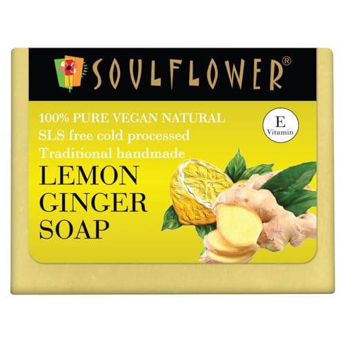 Image of Soulflower Lemon Ginger Handmade Soap Bar | Cold-Processed & 100% Natural | Fades Pigmentation, Fights Acne & Dull Skin | Turmeric + Vitamin E | 150 g