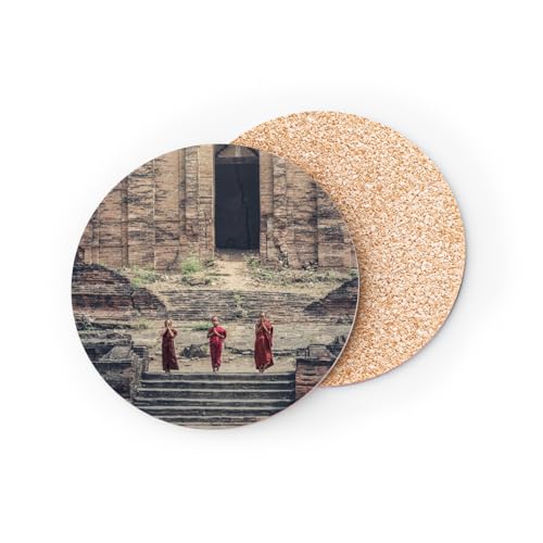 sous Verre Ronds Base Liège- Enfants Moines Devant la Pagode De Mingun Birmanie Myanmar - 1 unité (95 x 95 mm)